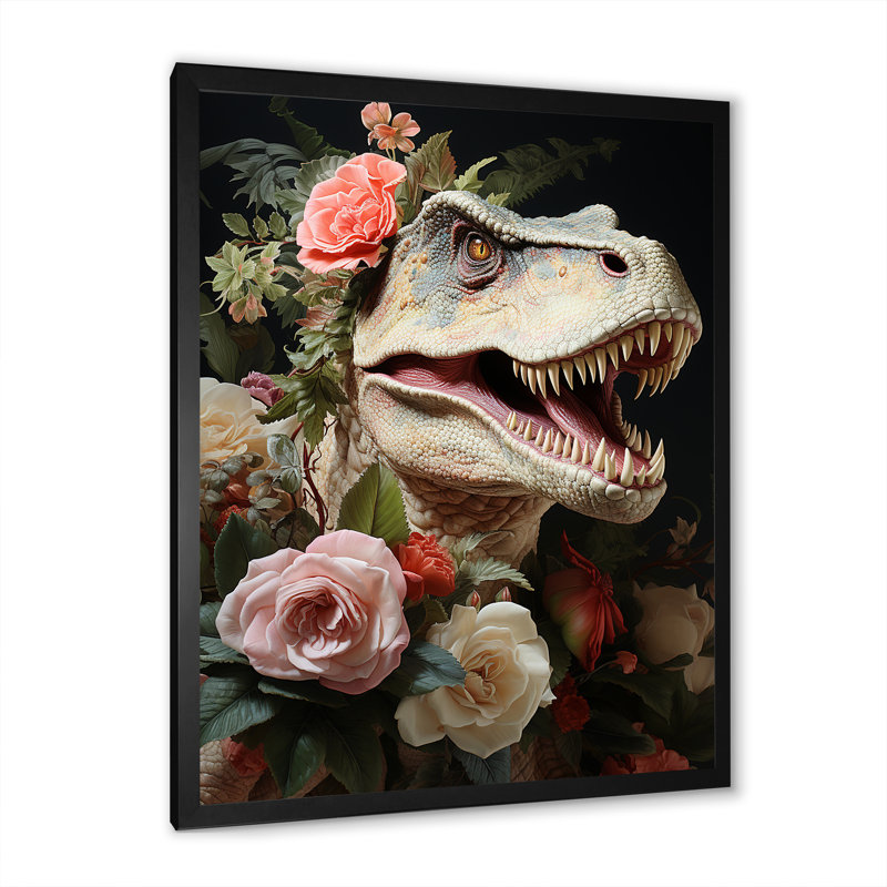 Floral, portrait de velociraptor dans la jungle - dinosaure, art mural, Cadre simple noir, H 44 po x l 34 po x P 1,5 po
