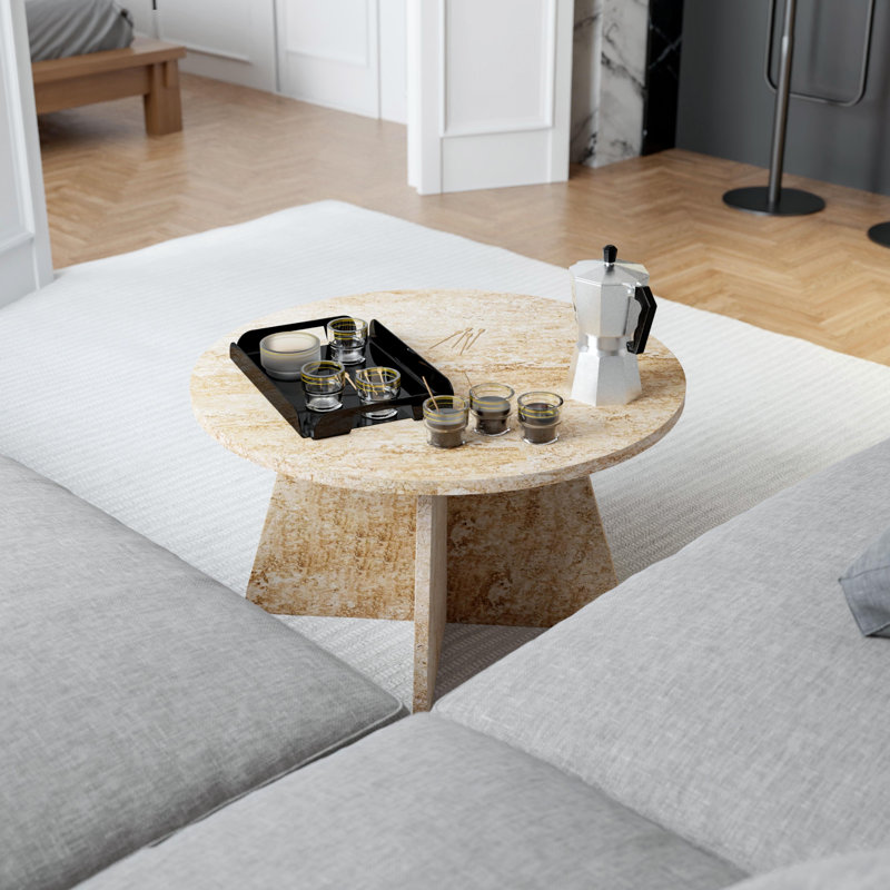 Travertine Efect Coffee Table Modern Side Table for Living Room Accent Table for Sofa or Bedroom, 72 cm x 72 cm