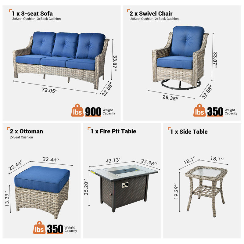 Ensemble d'extérieur en osier pour 5 personnes Emanuell avec chaises pivotantes et coussins inclus, Marine
