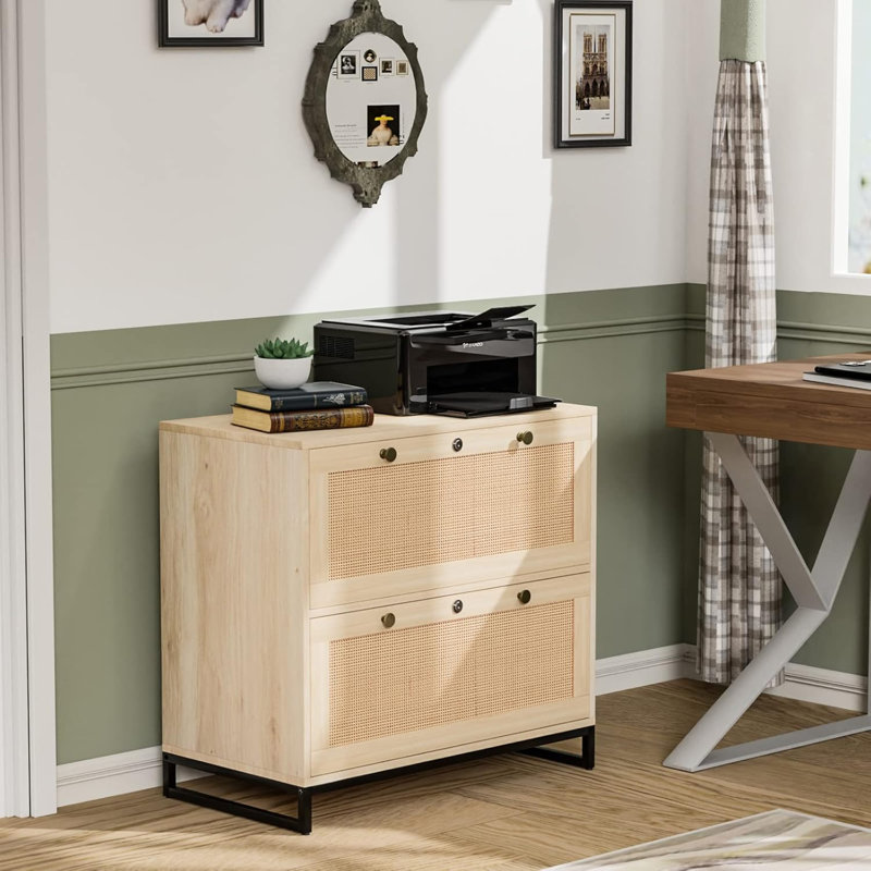 Wood Rattan 2 Drawer Lateral File Cabinet with Lock