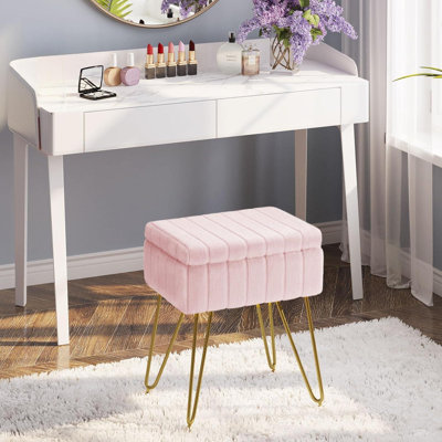Faux Fur Vanity Stool With Storage, Plush Cushion + 4 Metal Non-Slip Legs, 19.4-Inch High, Modern Multi-Functional Design. by Mercer41