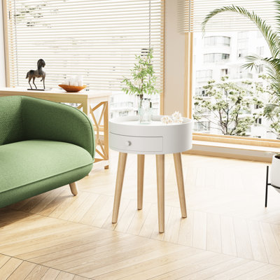 Table de chevet blanche avec tiroir et pieds en chêne, table de chevet de 18 po de hauteur pour le salon de la chambre à coucher, rangement simple et facile à installer