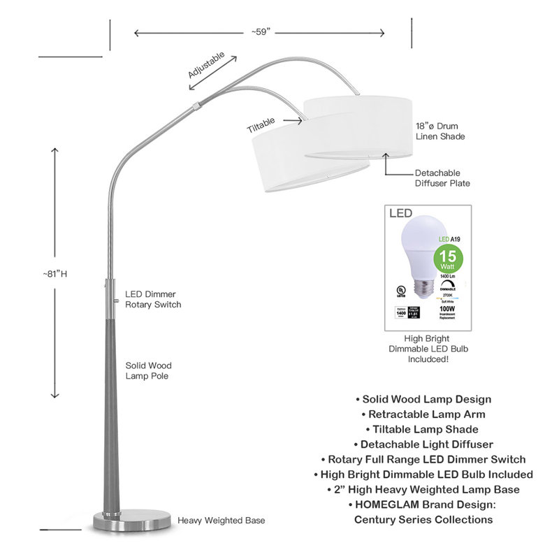 Everly Quinn Quelia 81" Solid Wood Arched Floor Lamp With Dimmable Led Bulb, Brushed Nickel, White