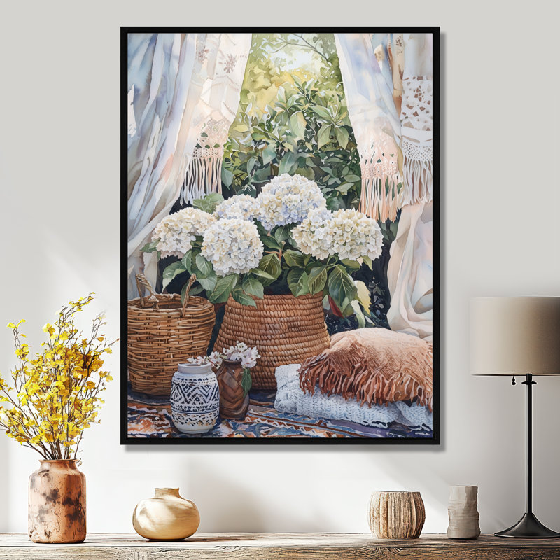 Harriss Boho Hydrangeas par The Boho Tent I - Hydrangea Wall Art, Noir, Reproduction avec cadre flottant, H 20 po x l 12 po