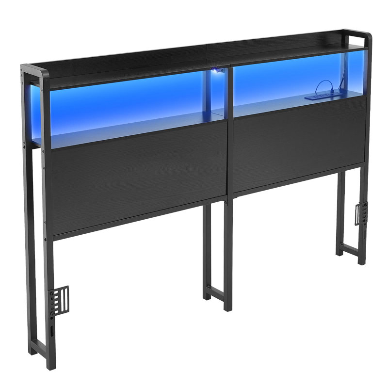 Tête de lit pour grand lit, avec 2 tablettes de rangement, lumière DEL, 3 prises et 3 ports USB, tête de lit en acier au carbone robuste et stable avec station de charge, hauteur réglable, noir