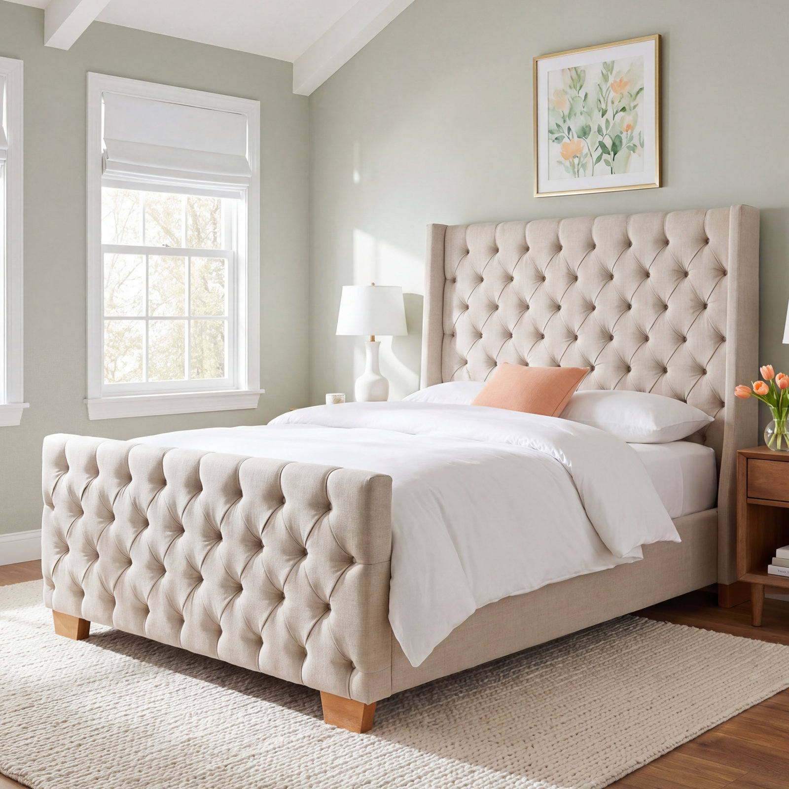Laurent Fabric Tufted Bed In Beige, Queen