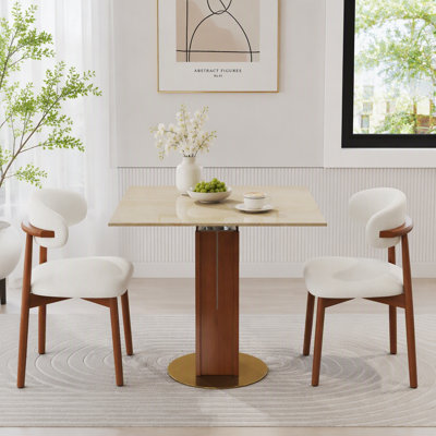 Table carrée carrée, plateau de table en pierre grise matte de 12 mm résistant aux égratignures, colonne en bois de noyer massif avec incrustation en métal, base en quincaillerie dorée élargie, petite table basse pour 2 personnes pour le mobilier de salon Retro Home