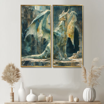 Green Ancient Ruins Dragon I - Abstract Dragons Canvas Wall Art 2 Pieces