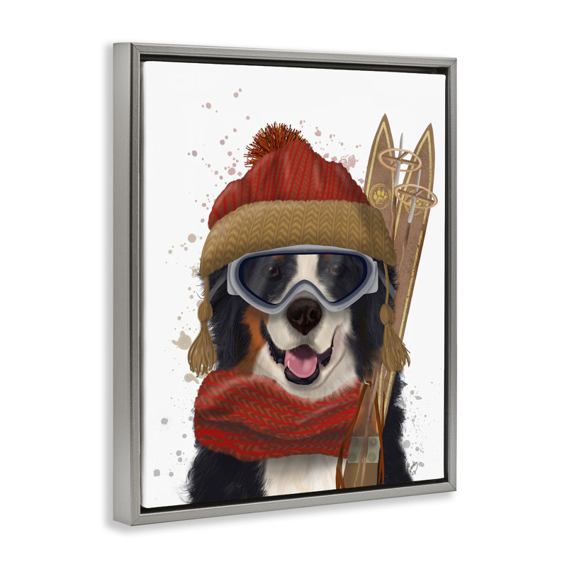 «Happy Skiing Dog» par Fab Funky, H 21 po x l 17 po, Cadre flottant gris lustré