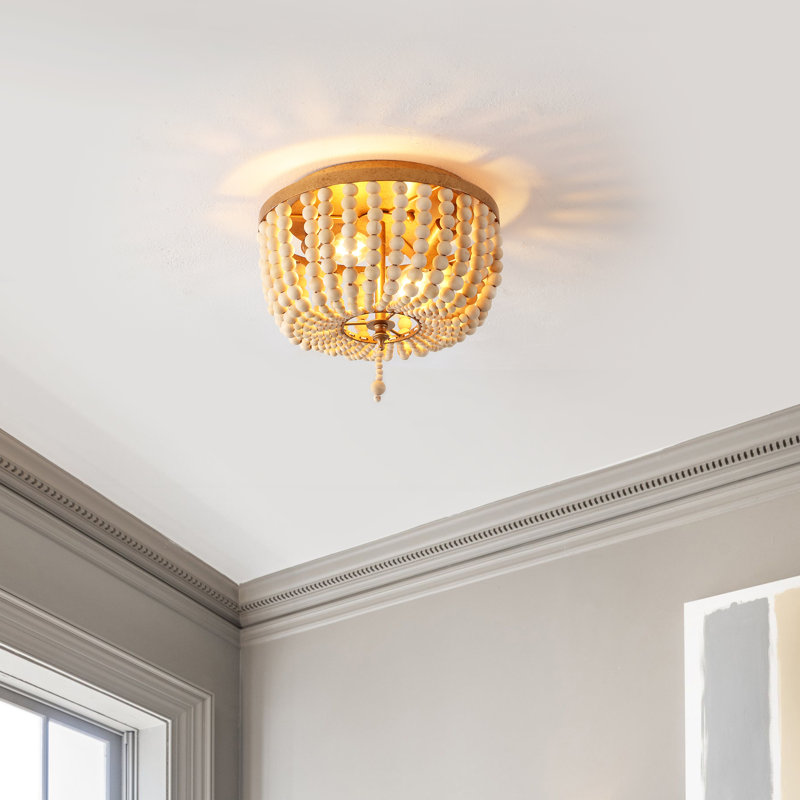 Ohlone Farmhouse Wood Beaded/Metal LED Flush Mount, Antique Gold, 9" H x 10" W x 10" D