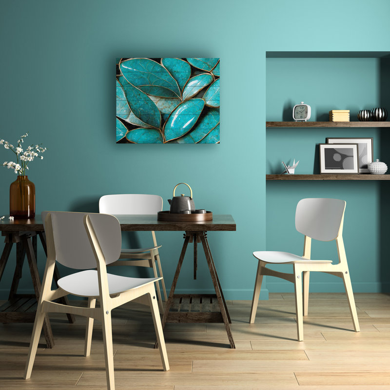 Feuilles turquoise sur bois, H 18 po x l 22 po