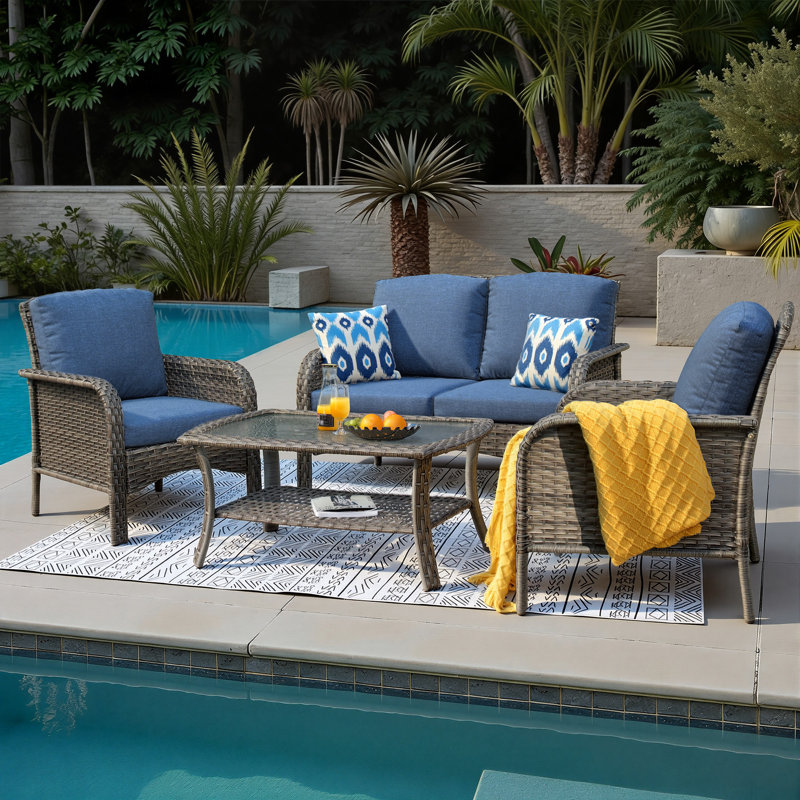 Jago Wicker 4 - Person Patio Conversation Set with Cushions, Blue