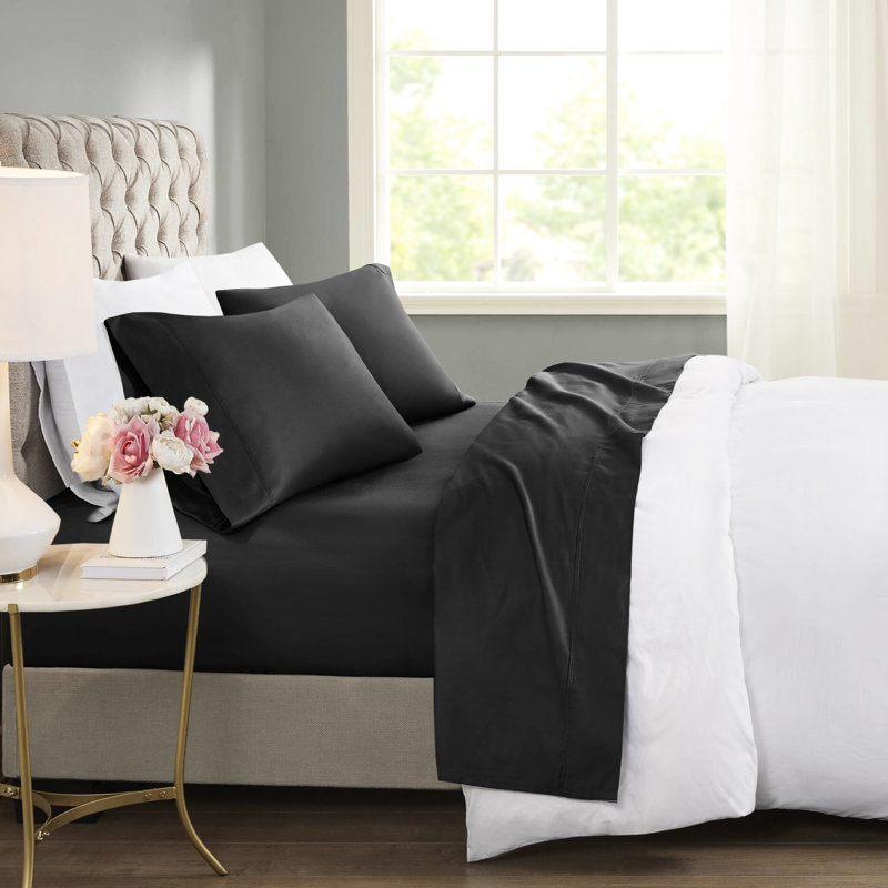 Drap-housse complet en mélange de coton à densité de tissage 600 fils noir - traitement Huntsman, gestion, finition ultra douce, comprend des taies d'oreiller plates, ajustées et 2, avec traitement pour un sommeil confortable, tissage croisé,