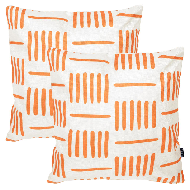 Indoor / Outdoor Square Cushion, Orange/White Geometric