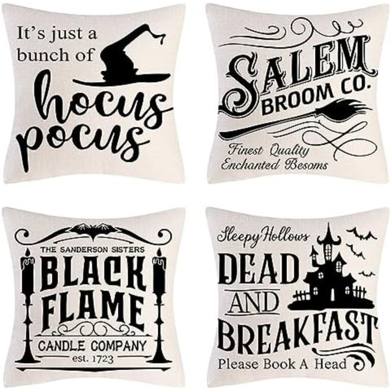 Ensemble de 4 couvertures décoratives d'Halloween décoratives d'Halloween Hocus Pocus Farmhouse Saying Fall Coussins décoratifs 18 x 18 pouces