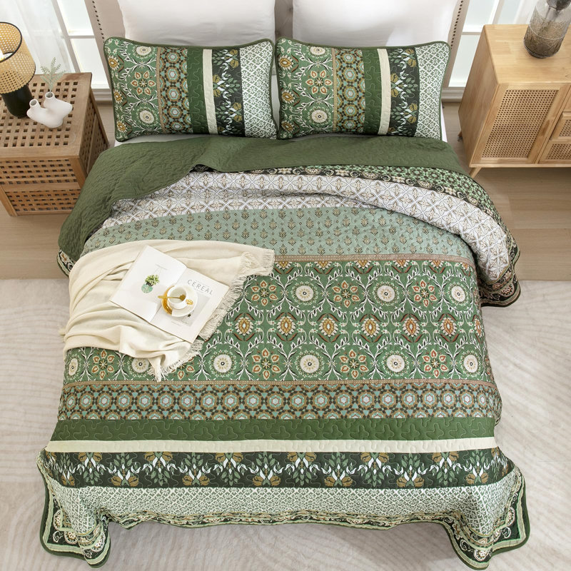 Ensemble de courtepointe 3 pièces Boho Farmhouse Patchwork, Courtepointe pour lit grand + deux taies décorati, Olive Green