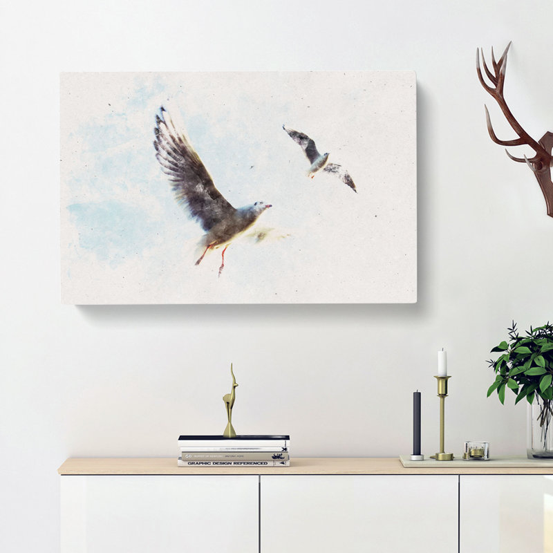 Pair Of Flying Seagulls Watercolour - Wrapped Canvas Print, 50cm H x 76cm W x 3cm D