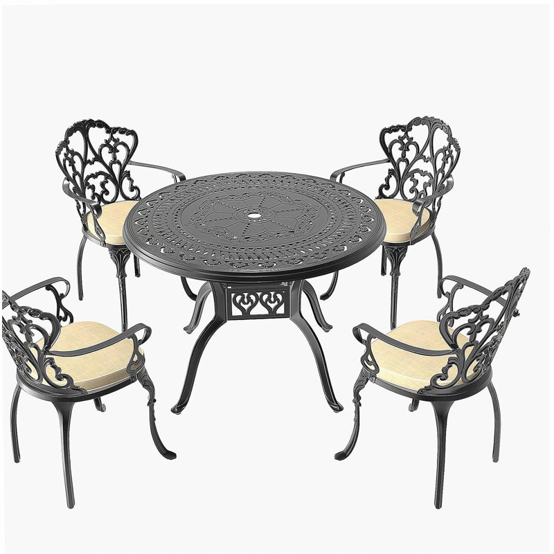 Ensemble de 5 meubles de patio en fonte d'aluminium avec structure noire et coussins de siège blanc cassé (même sku: W1710S00066)