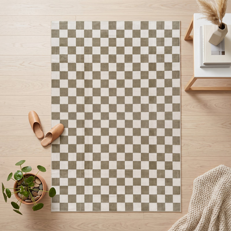 Tapis géométrique à carreaux crème et or (2,6 pi x 4,9 pi), Crème