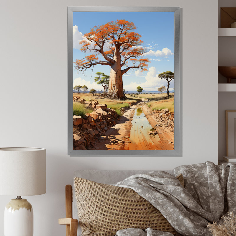 Art africain sur toile, "Baobab africain", Cadre simple argenté, H 44 po x l 34 po