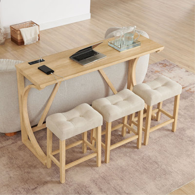 59 Inch Bar Table, Dining Table, Sofa Table with Power Outlet, 3 Upholstered Stools, 4 Piece Bar Table and Chair Set for Living Room, Dining Room, Kitchen
