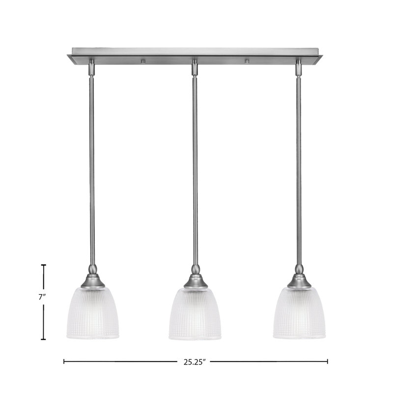 Luminaire suspendu linéaire à 3 lumières 3 lumières, verre strié transparent 5 po, Nickel brossé