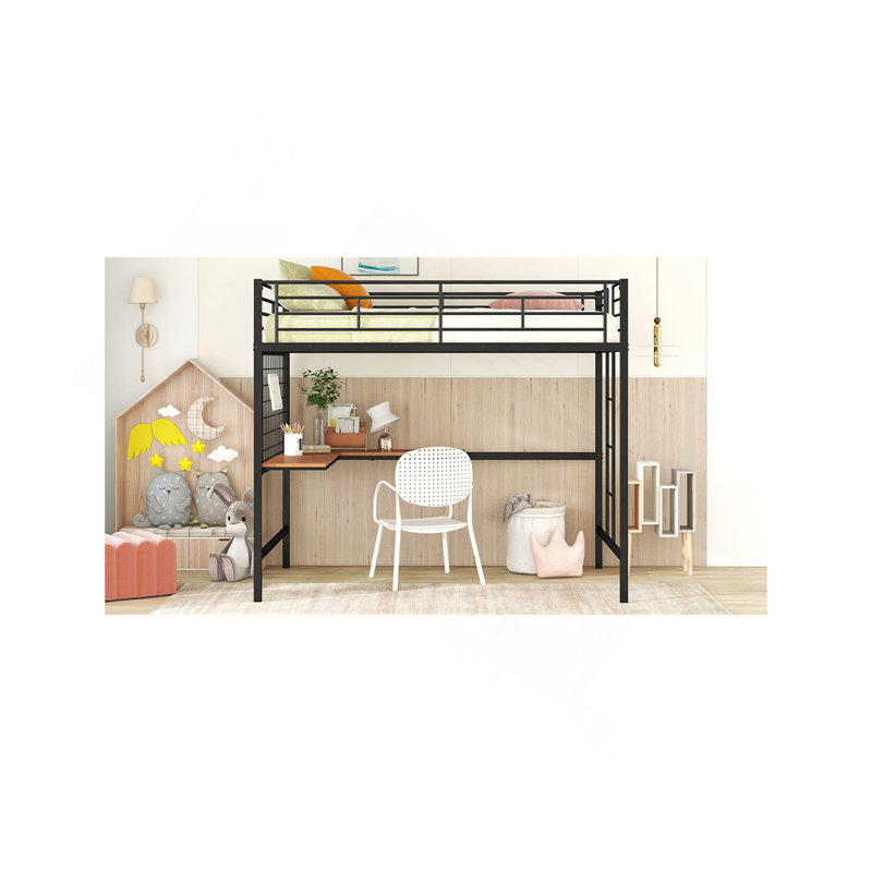 Lit mezzanine double en métal avec bureau et grille en métal, noir