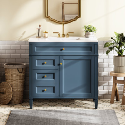 Meuble-lavabo moderne de 36 po avec lavabo en céramique, 3 tiroirs et 1 armoire de rangement, tablette réglable, organisateur de porte d'armoire, glissières de tiroir en métal lisse, poignée texturée exquise à pieds romains