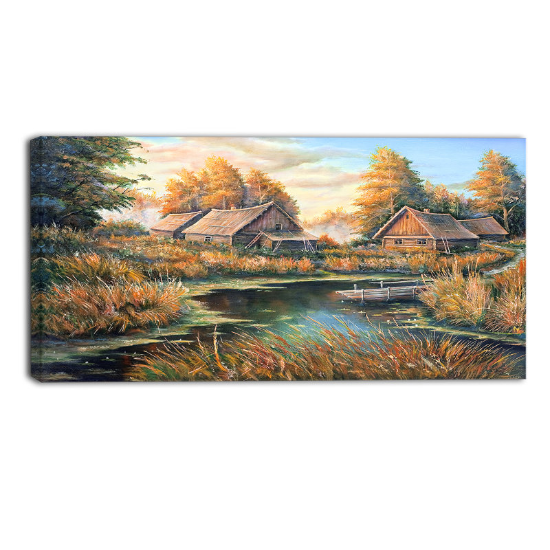 Birches in Autumn Village Landscape - Impression sur toile tendue, H 20 po x l 40 po