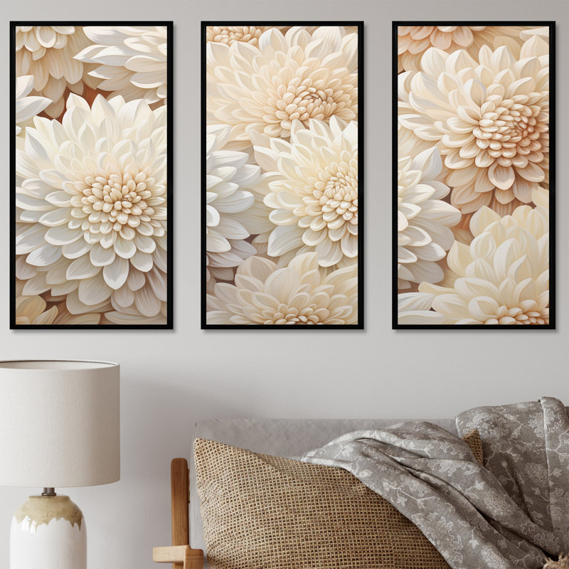 Ensemble de salon mural Pure White Chrysanthemums Mosaic I - Chrysanthemums, Cadre flottant noir, H 32 po x l 48 po x P 1 po
