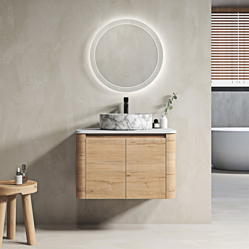 Wall-Mounted Bathroom Vanity With Ceramic Art Sink, White/Gray