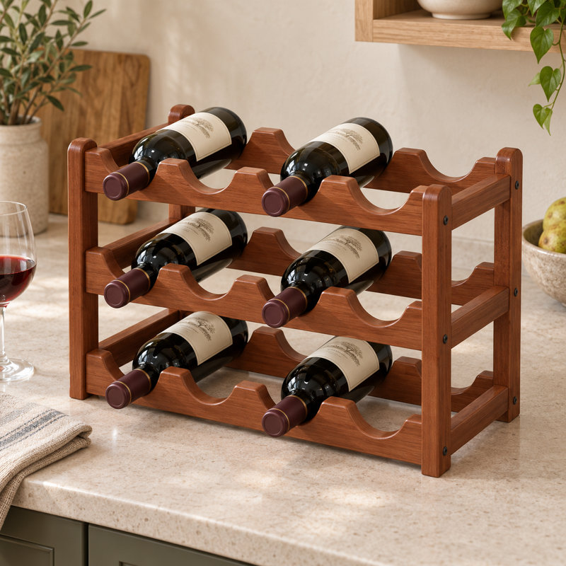 12 Bottle Rustic 3 Tier Bamboo Wine Rack, Countertop Organizer in Walnut