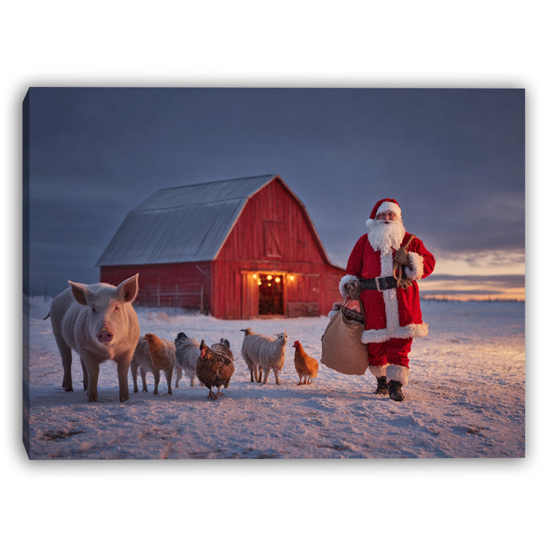 "Santa visiting Barnyard at Dusk", art mural sur toile, H 24 po x l 36 po