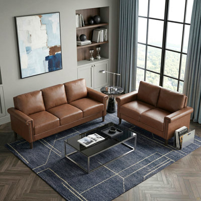 Sofa Set 2pc Sofa and Loveseat Chocolate Faux Leather Upholstered Nailhead Trim Plywood Frame Traditional Living Room Furniture