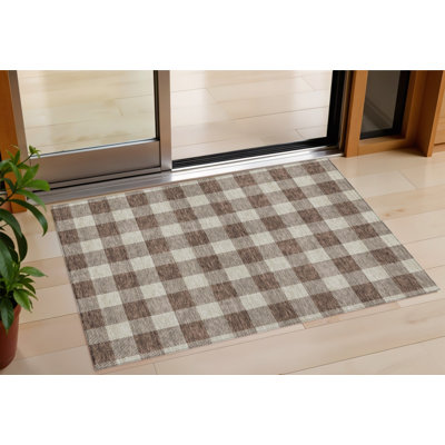 3' X 5' Brown And Beige Plaid Washable Indoor Outdoor Area Rug