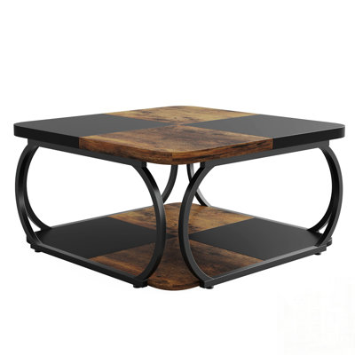 Square Coffee Table with Storage Shelf – 2-Tier Modern Farmhouse Coffee Table with Heavy-Duty Metal Curved Frame, Low Center Table for Living Room by 17 Stories