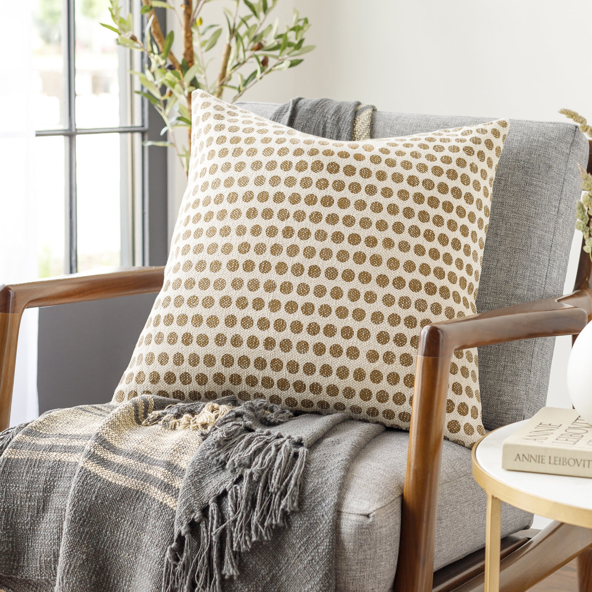 Zetta Polka Dots Cotton Throw Pillow, Polyester/Polyfill, Light Beige/Tan, 20" x 20"