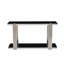 Console minimaliste en verre noir avec cadre miroir argenté, idéale pour l'entrée du salon.
