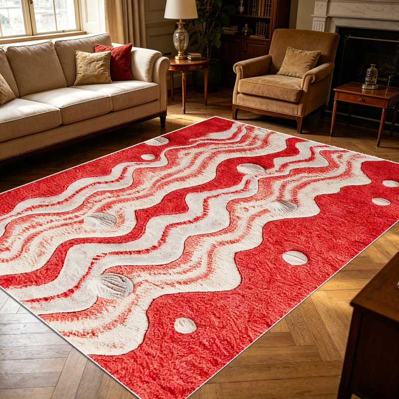 1PC Red & White Wavy Stripe Tufted Geometric area rugs for Living Room, Soft and Comfortable, Suitable for all seasons, easy-to-maintain, machine washable Indoor floor mat, Under Table Farmhouse suitable for dining room, bedroom, entryway, kitchen,