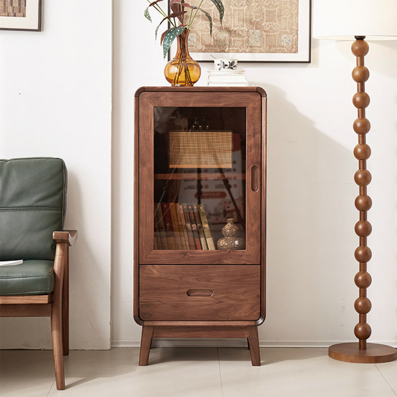 Retro Nut-Brown Solid Wood Glass Sideboard