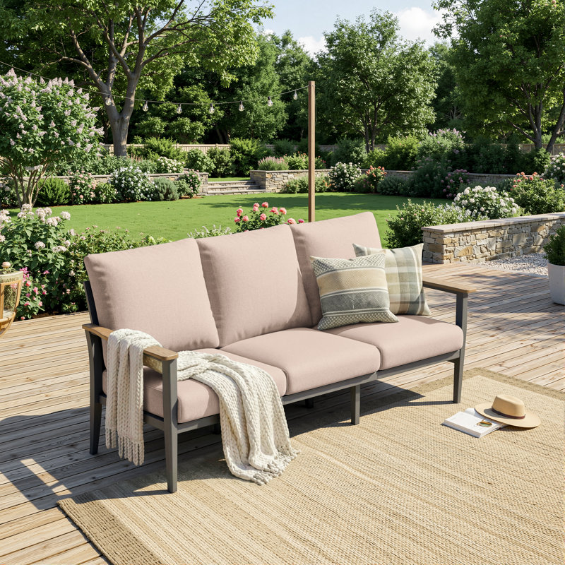 78" Wide Aluminum Outdoor Patio Sofa with Wood-Look HDPE Armrests & Deep Cushions, Taupe