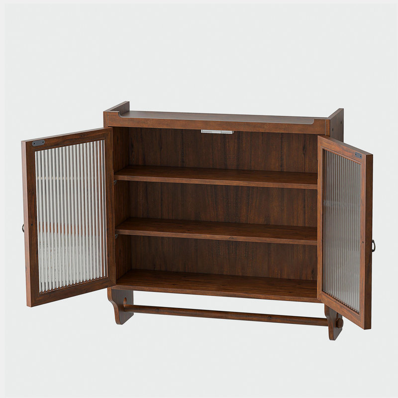 Armoire 24,8 po à double porte rétro avec porte vitrée, 3 tablettes et porte-serviettes, convient pour la salle de bain, la cuisine, la salle à manger, brun
