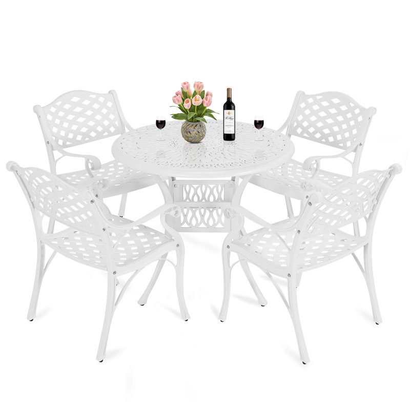 World Menagerie 5-Piece Outdoor Furniture Dining Set, All Weather Cast Aluminum Conversation Set With 4 Chairs And 35.4" Round Table, 2" Umbrella Hole For Patio Garden Deck, Lattice Weave Design