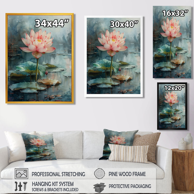 Rose, rose, vert, sacré, fleur, salon, lotus, H 12 po x l 20 po, Cadre simple noir