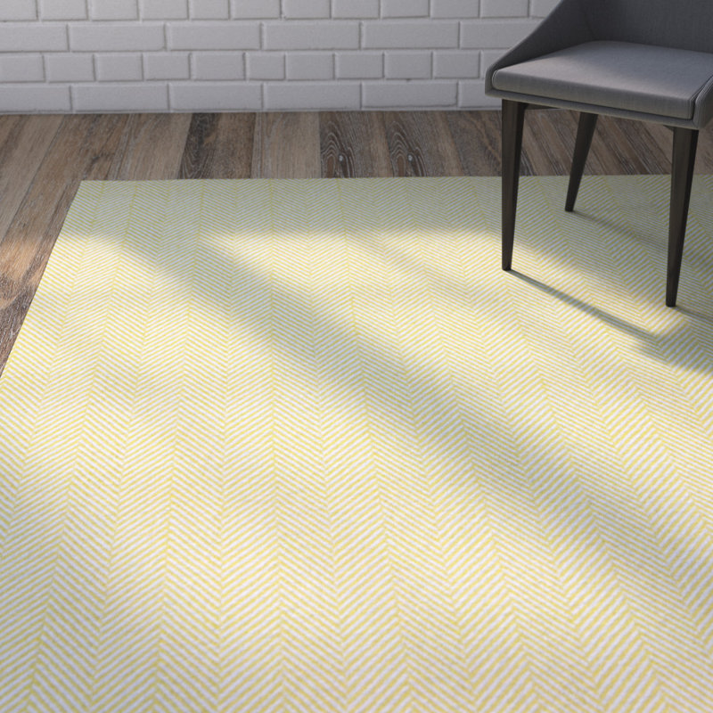 Tapis jaune / blanc en coton tissé à la main Jaswinder, Rectangle 5 pi x 8 pi