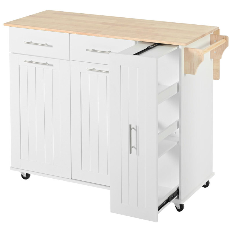 Îlot de cuisine avec abattant, chariot de rangement de cuisine avec organisateur à 3 niveaux, support de rangement interne, chariot de cuisine sur roulettes avec porte-serviettes, 2 tiroirs, pour la cuisine, blanc