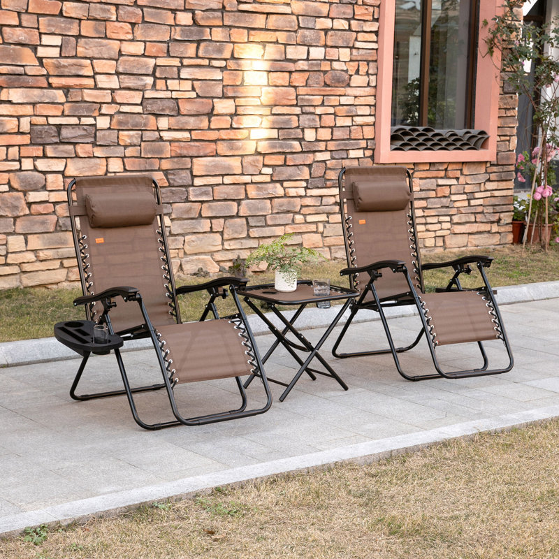Zero Gravity Chair Set With Side Table, Folding Reclining Chair With Cupholders & Pillows, Brown