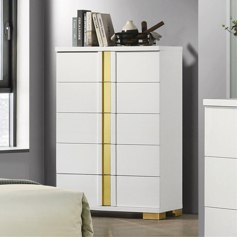 Commode 1 pièce de style contemporain avec pattes de support en métal de conception moderne, étui anti-poussière doré, glissières à roulement à billes, finition blanche et dorée