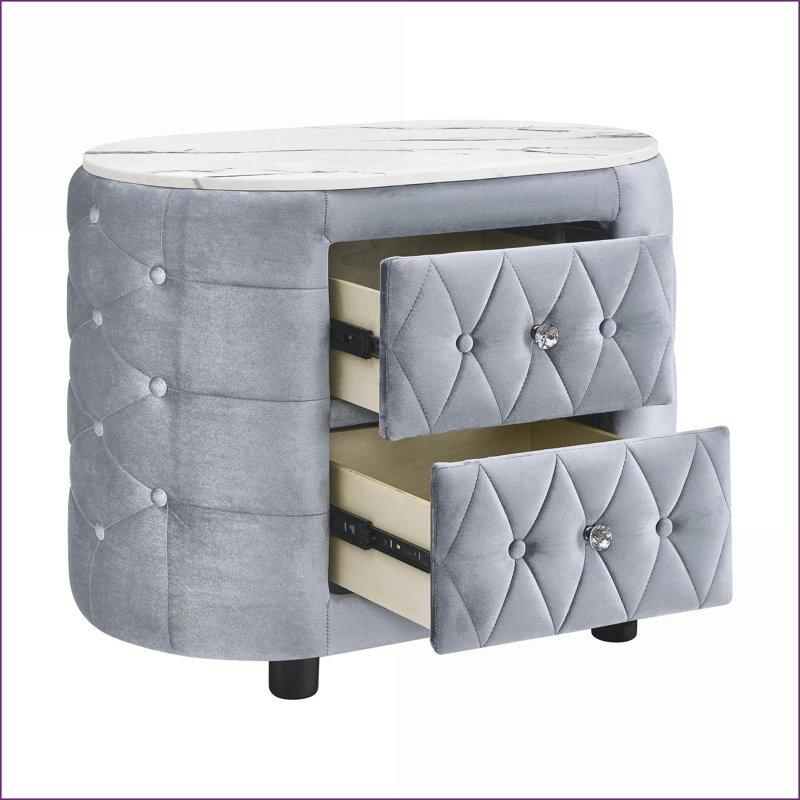 Table de chevet moderne avec plateau en faux marbre et 2 tiroirs - Revêtement en tissu, Gris