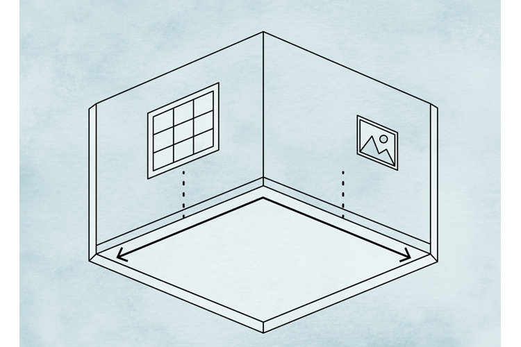 diagram with the halfway points of the length and width of the room marked